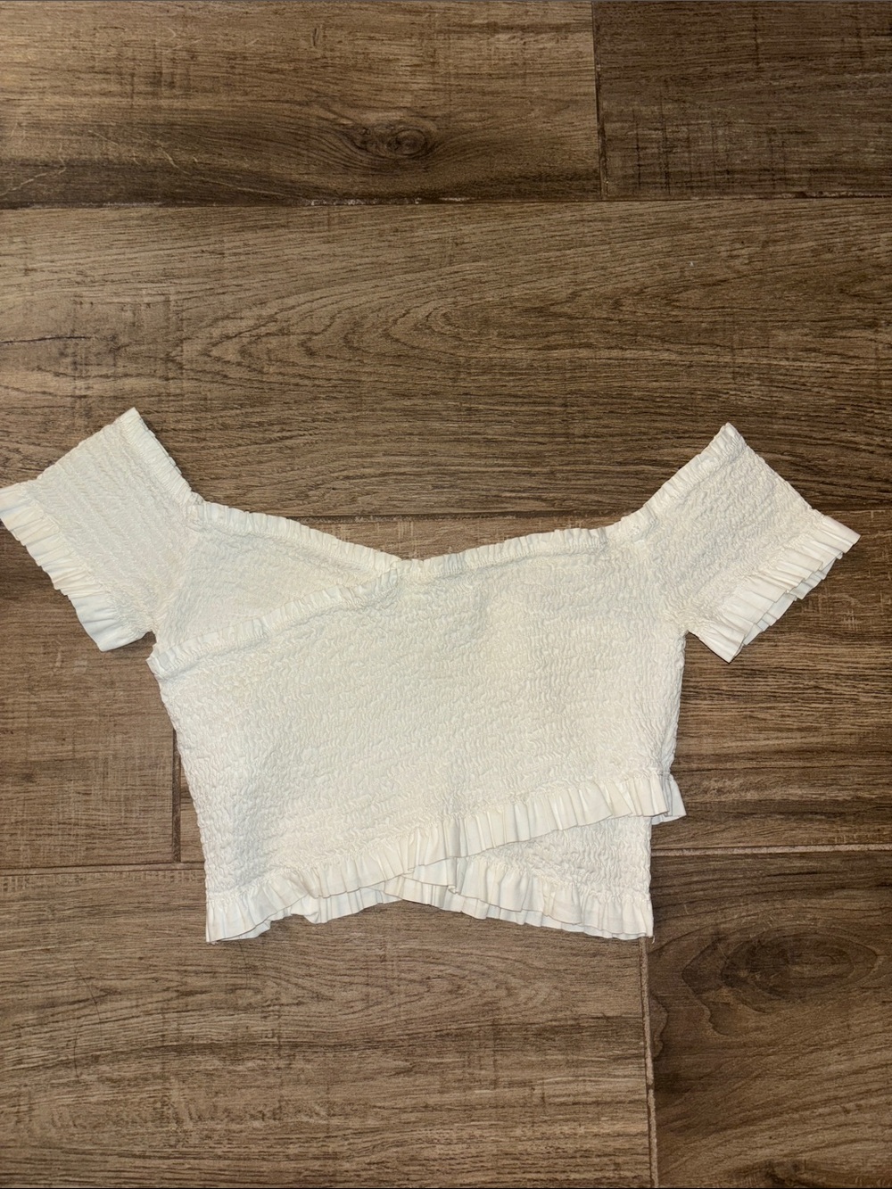 ASTR White Off-Shoulder Ruffle Smocked Crop Top
